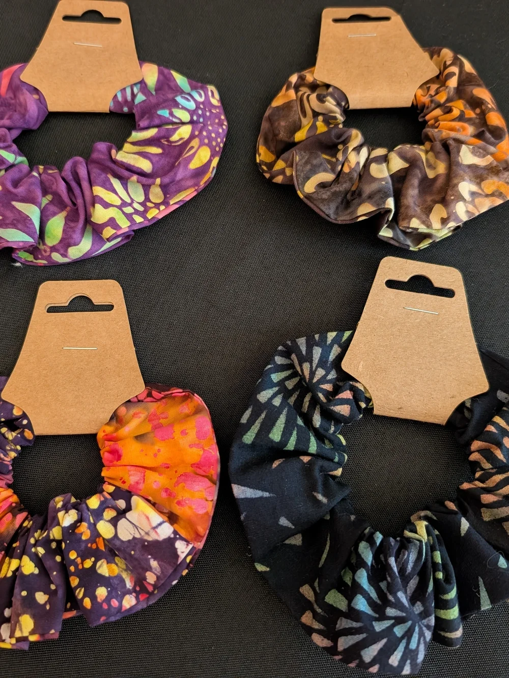 Hand Crafted Set Of 4 Multicolor Batik Scrunchies - Picture 1 of 5